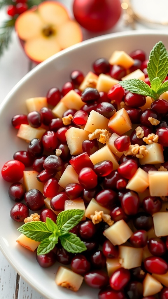 A colorful holiday dish with cranberries, apples, pomegranate seeds, and walnuts, garnished with mint leaves.